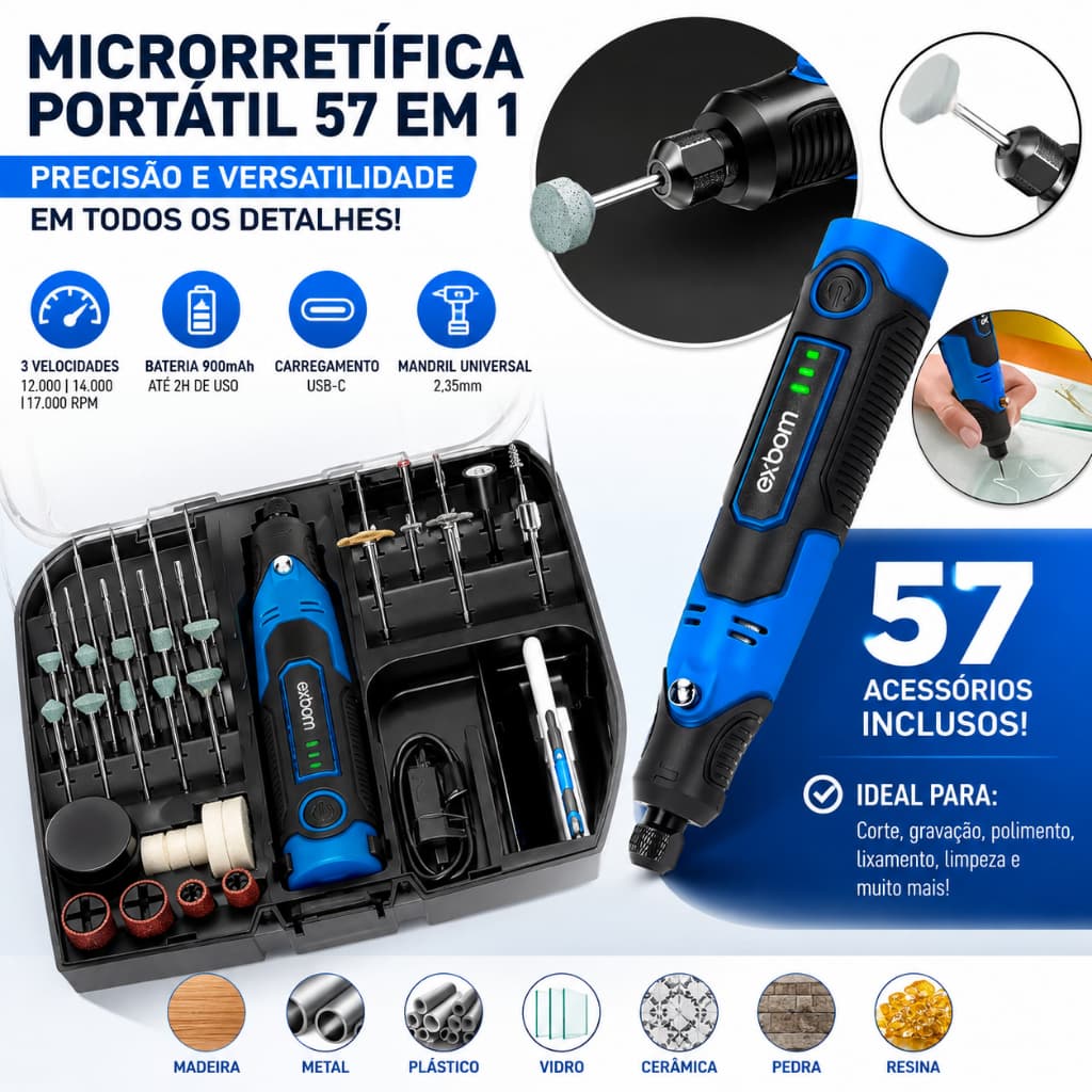 Mini Retífica Portátil 57 em 1 Sem Fio USB-C Profissional - Ferramenta de Precisão Artesanato EXBOM