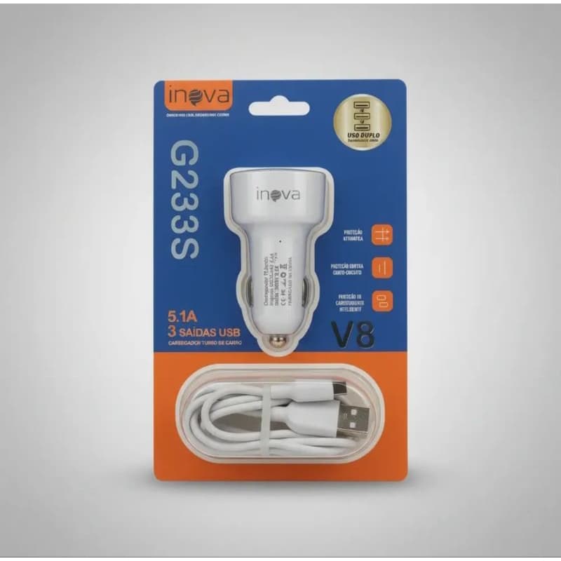 Carregador Veicular Inova G233+ 5.1A | 3 Saídas USB | Cabo V8 Incluso