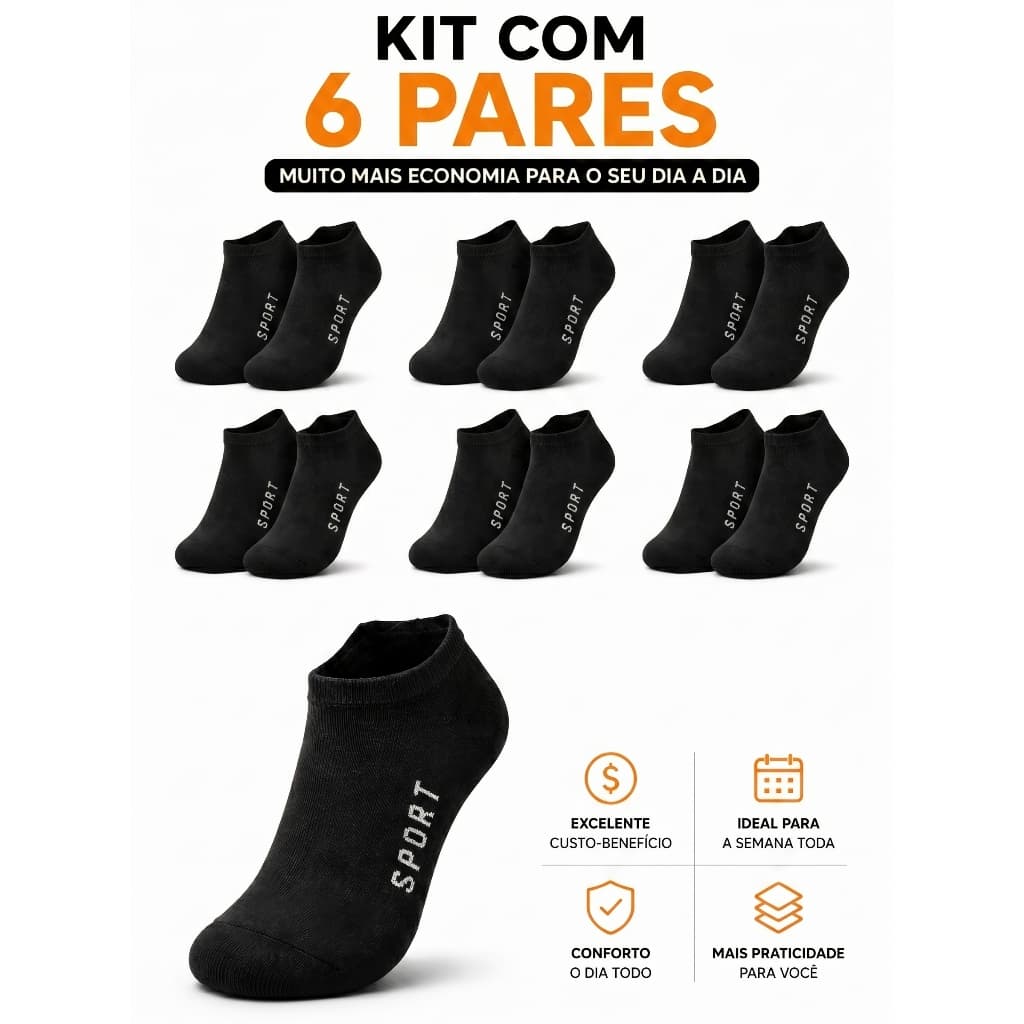 Kit 06 Pares Meias Preto Cano Curto Soquete  Respirável  Promoção Unissex Tamanho Único