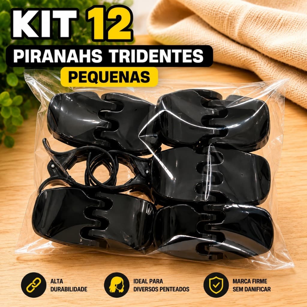 Kit 12 Piranhas Tridente P Preta Prendedor Cabelo Forte Antiderrapante Presilia Resistente Presilha