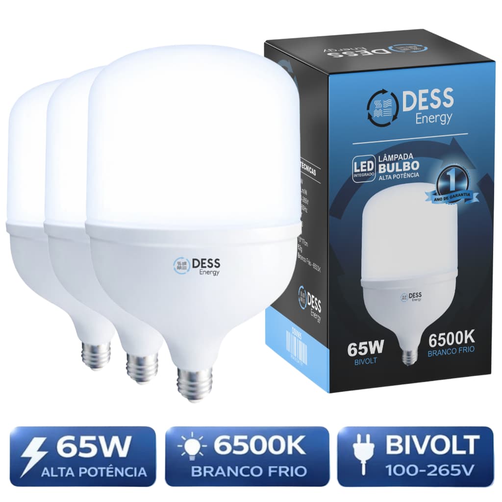 Kit 3 Lâmpadas LED Bulbo 65W Bivolt Branco-Frio Alta Potência