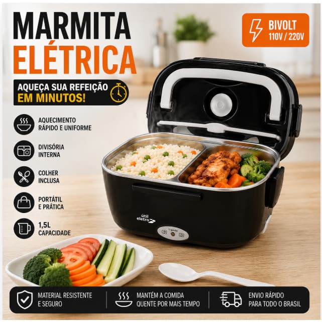 Marmita Elétrica Bivolt 1,5L Portátil Aquece Comida Para Trabalho Faculdade e Viagem