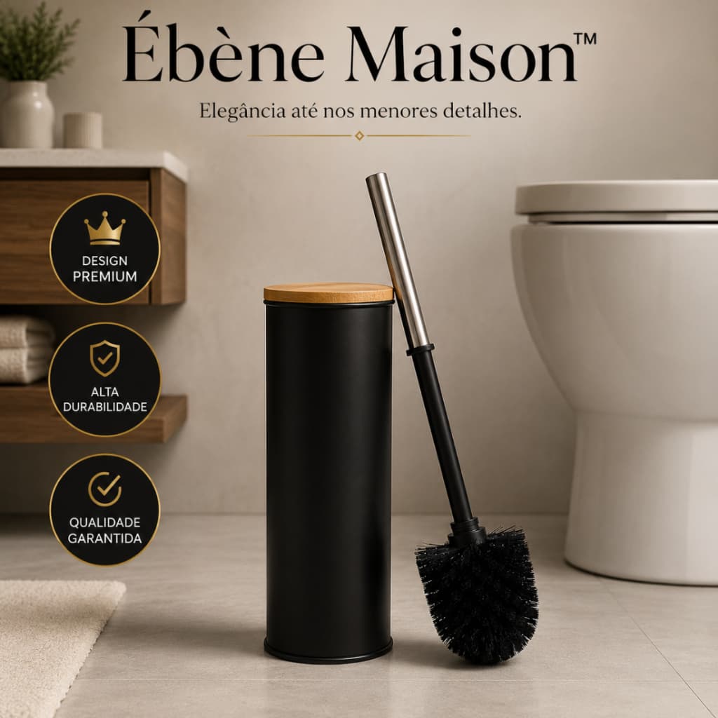 Escova Sanitária com Suporte Premium Preta Tampa Bambu Porta Escova Banheiro Moderno Ébène Maison™