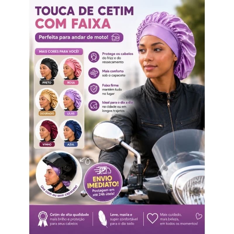 Kit Touca de Cetim com Faixa Larga para moto ou dormir kit 3 /5 /12 /24 peças Ajustável para Maior Conforto