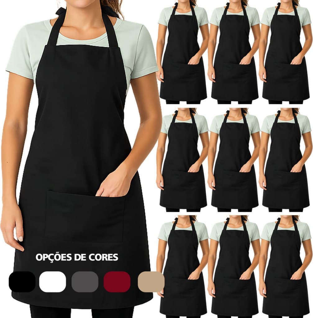 Kit 10 Avental de Amarrar Bolso Cozinha Garçom Confeitaria Bares Preto Cinza Bege Branco Vermelho Oxford