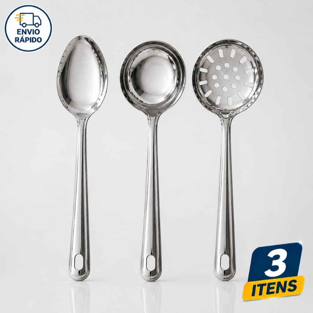 Kit Utensílios Cozinha Inox 3 Peças Colher De Arroz Concha Escumadeira Aço Inoxidável