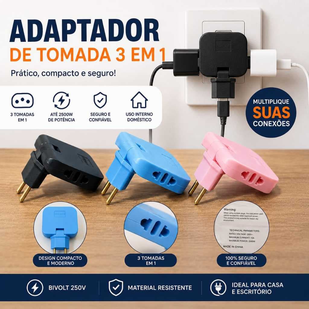 Adaptador Tomada 3 em 1 Bivolt 10A 2500W Pino 2P 3 Entradas Benjamim T Compacto Para Casa Escritório Articulado
