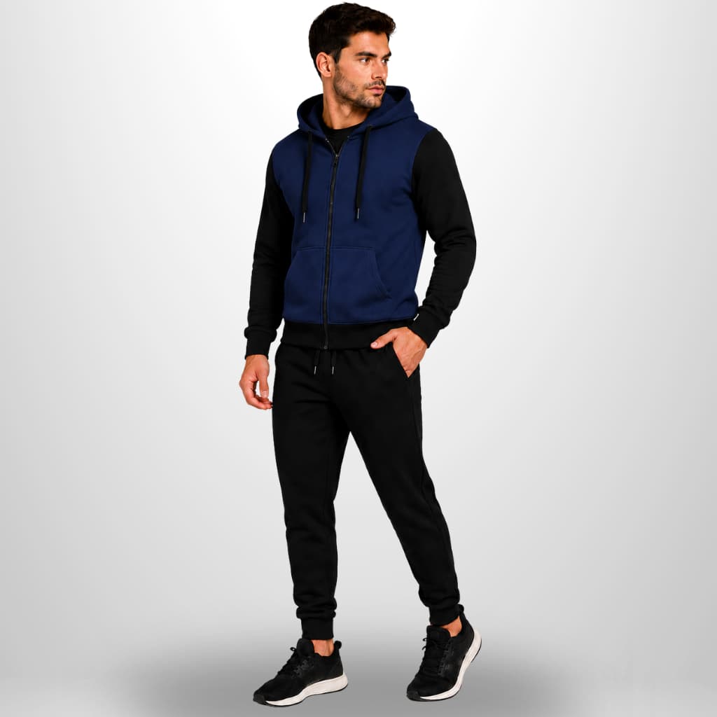 Conjunto Masculino Moletom Raglan Zíper Capuz + Calça Preta Confortável
