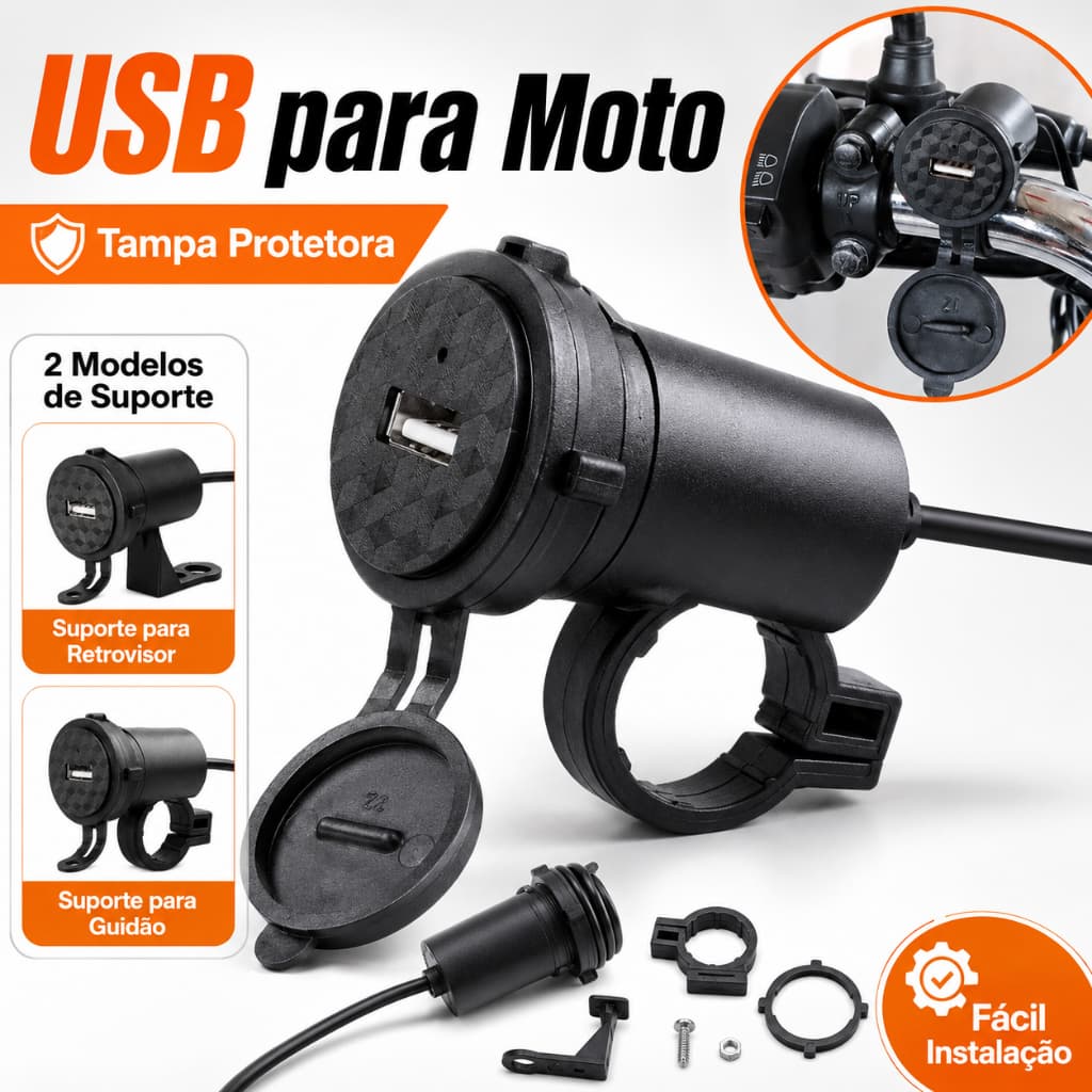 Carregador USB para Moto 5V 2.1A Resistente à Água com Suporte Guidão e Retrovisor