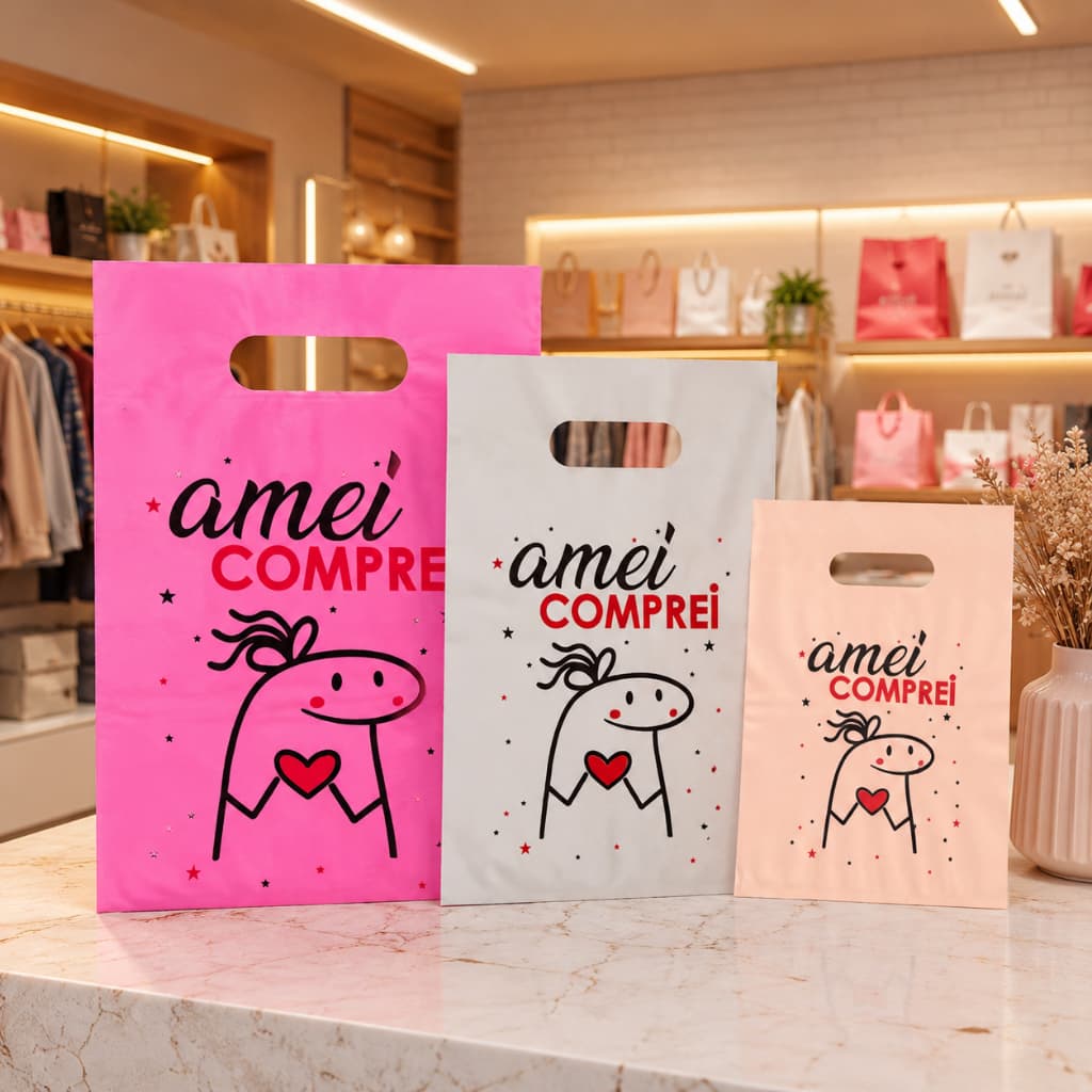 Kit 50 ou 100 Sacolas Amei Comprei - Diversas medidas Bolsa Boca de Palhaço Alça Vazada