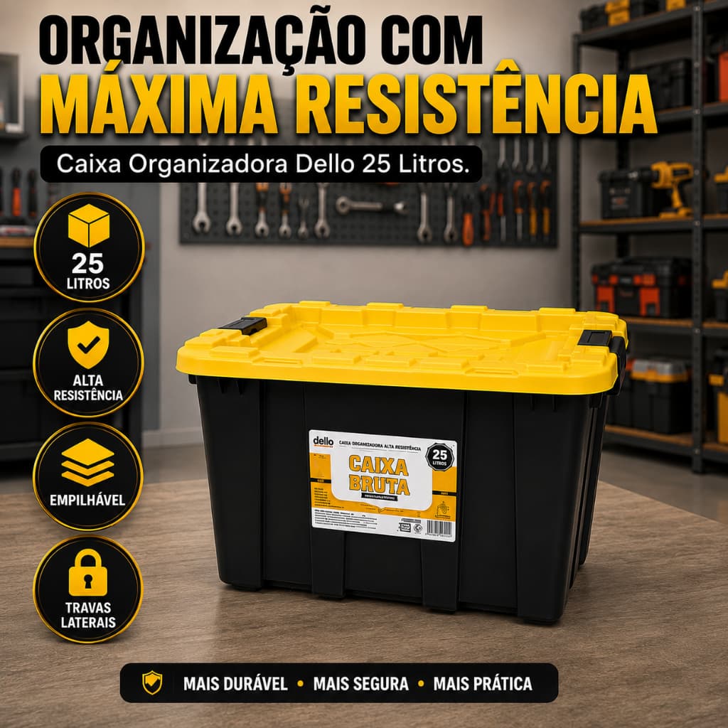 Caixa Organizadora Dello 25L Tampa com Travas Alta Resistência Preta Empilhável Multiuso 25 Litros!!