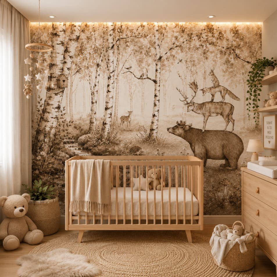 Papel de Parede Infantil Bosque Encantado Personalizado Auto Colante Lavável Decoração Quaro bebê