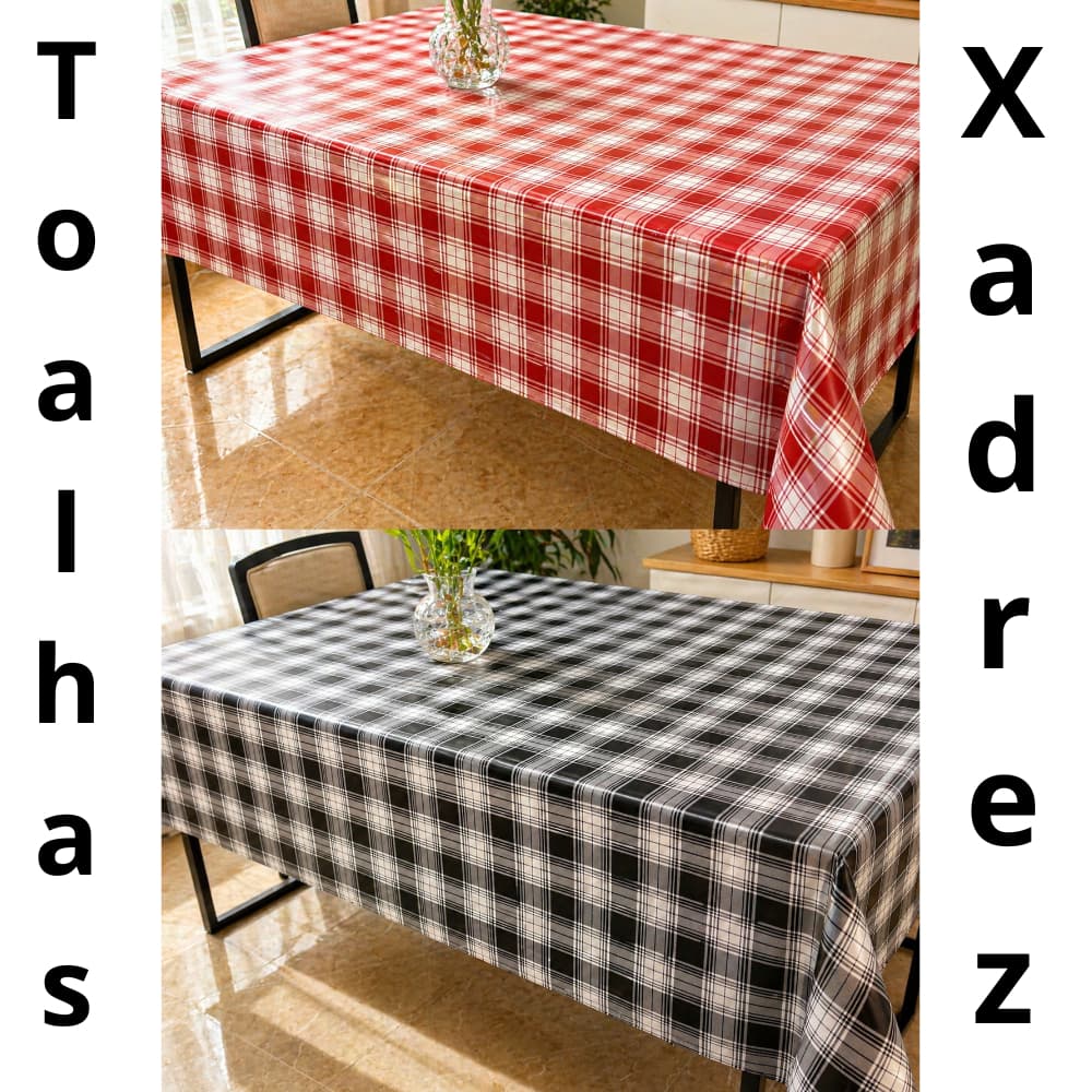 Toalha de Mesa Retangular Xadrez Vermelho e Preto PVC IMPERMEÁVEL, Fácil Limpeza Térmico