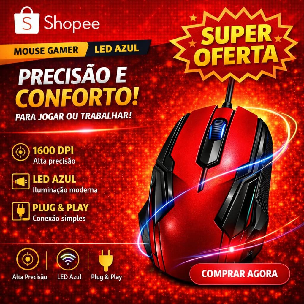 Mouse Optico com fio usb  Vermelho  para notebook e Computadores