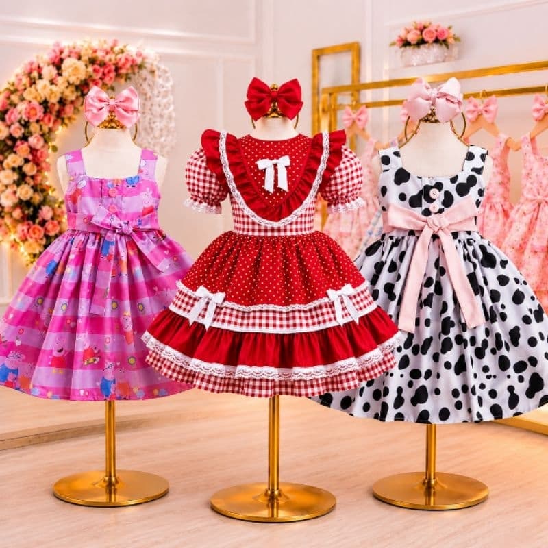 Vestido Festa Junina Infantil Luxo Xadrez Caipira São João Menina Temático Rodado Premium