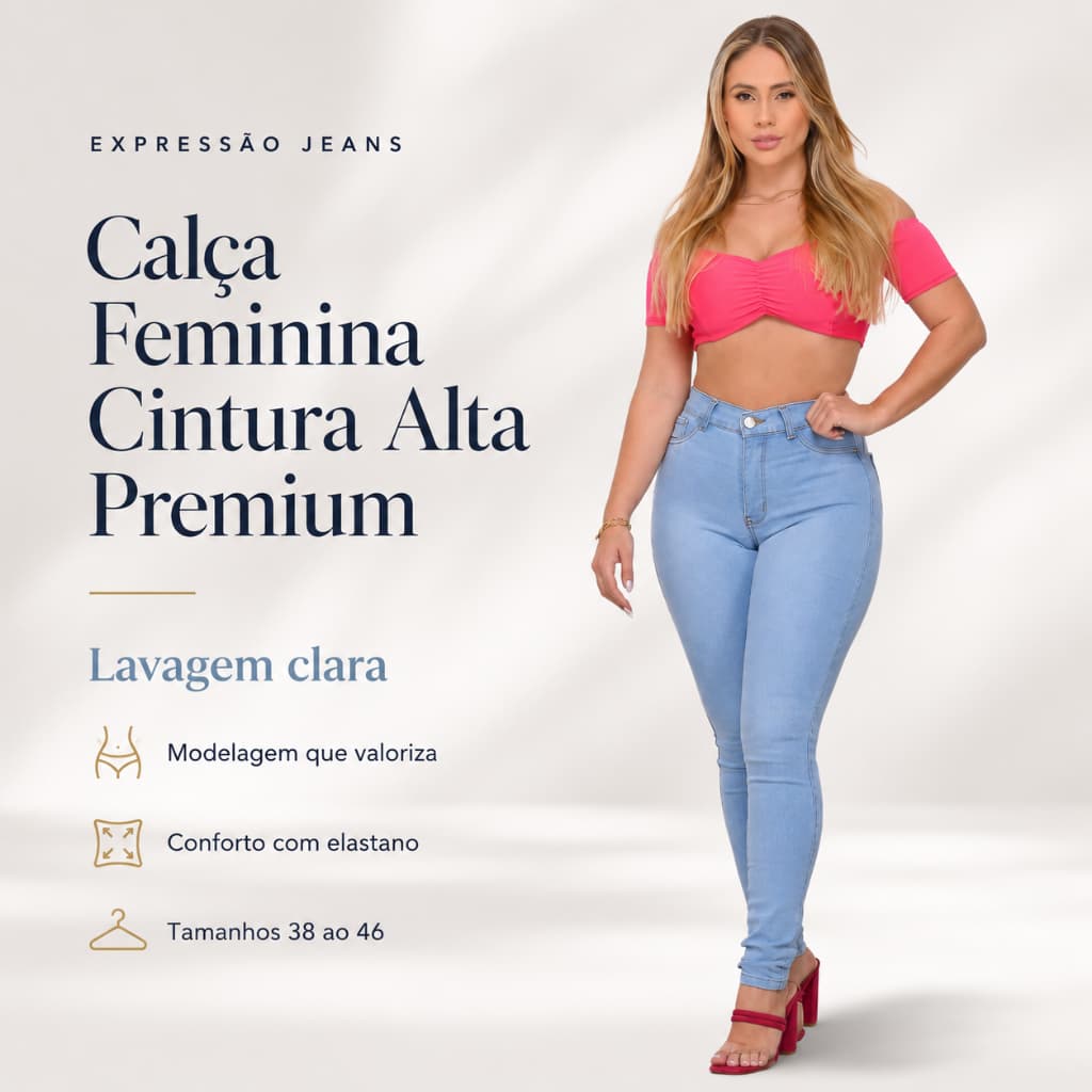 calça feminina cintura alta premium lavagem clara