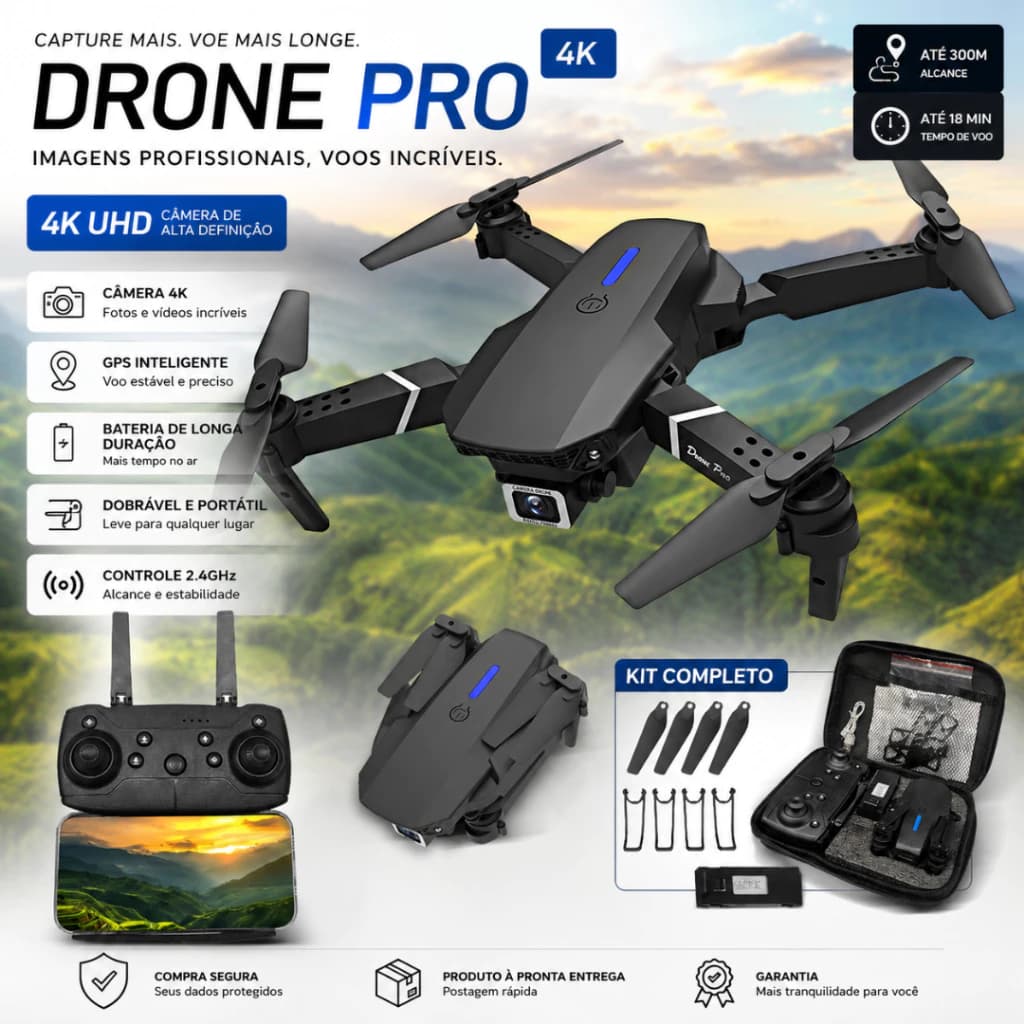 Drone E88 Profissional Com Câmera Dupla 4K e Suporte a Wi-Fi - Mini Drone De Brinquedo.
