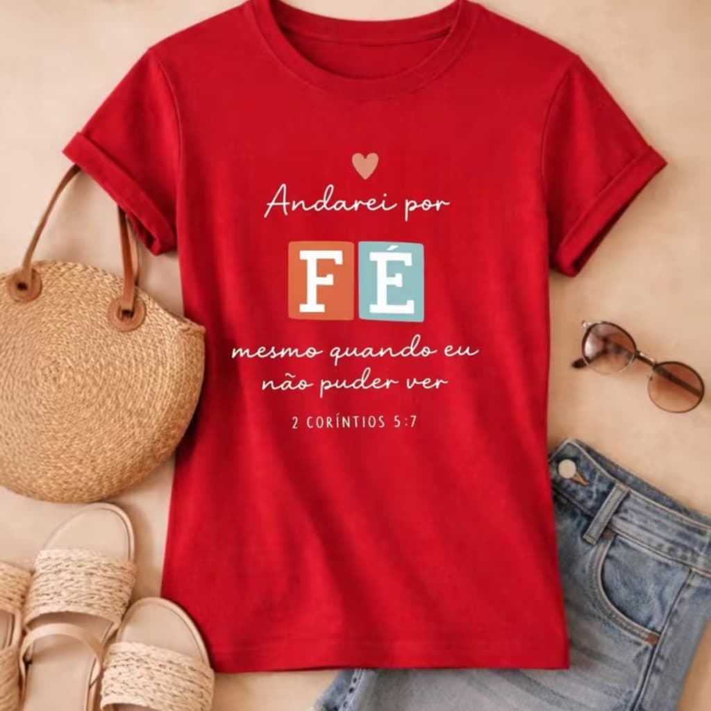 Camisa Camiseta Religiosa Cristã Feminina Andarei por Fé 2 Corintios 5:7 Estilosa Casual Confortável