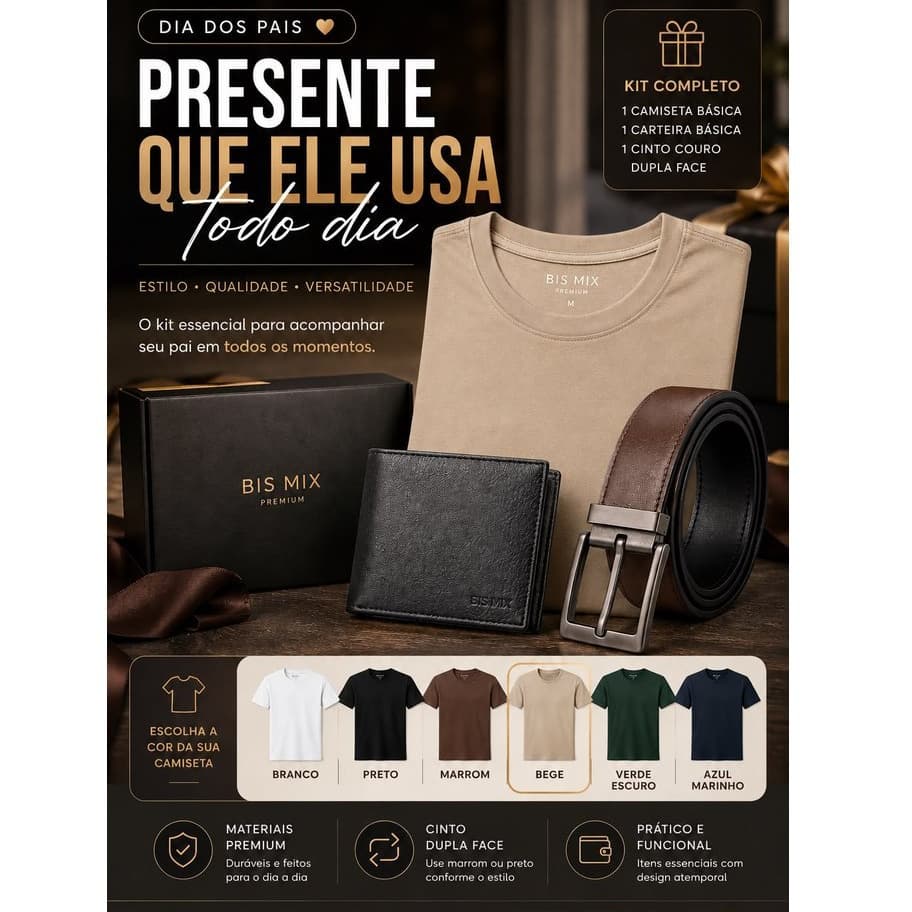KIT HOMEM 3 EM 1 DIA DOS PAIS CAMISETA CARTEIRA E CINTO LUMIX*