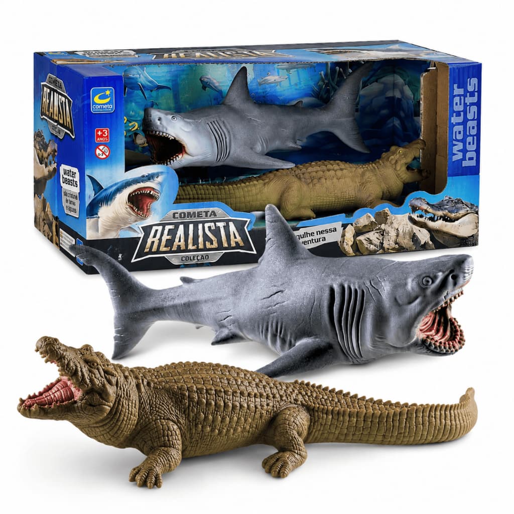 Kit Tubarão e Jacaré Vinil 26cm Brinquedo Realista Cometa Brinquedos Infantil Educativo