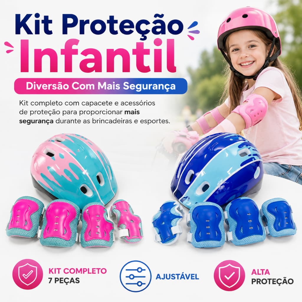 Kit Proteção Infantil  para Patins Bike Skate Patinete Capacete Joelheira Cotoveleira 7 Peças Ajustável