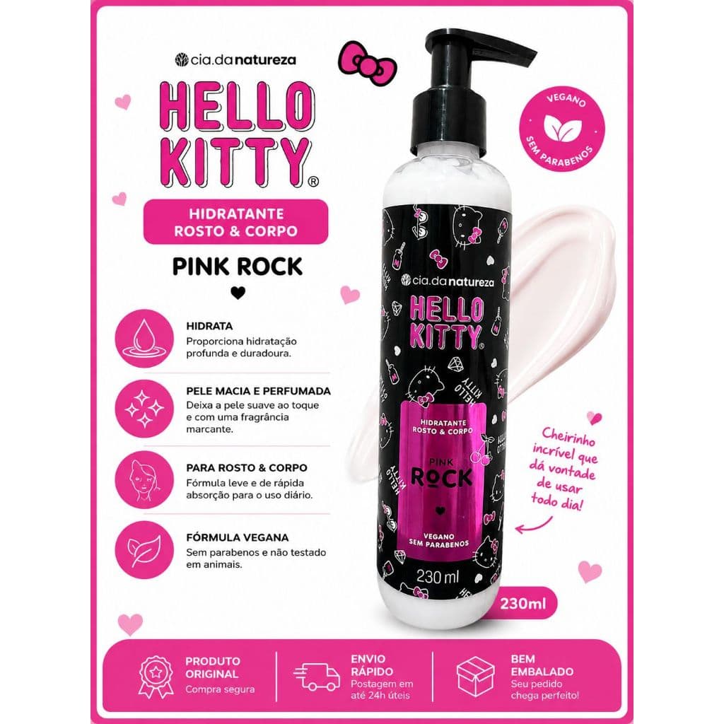HELLO KITTY ROCK PINK CREME HIDRATANTE ROSTO E CORPO 230ML ORIGINAL