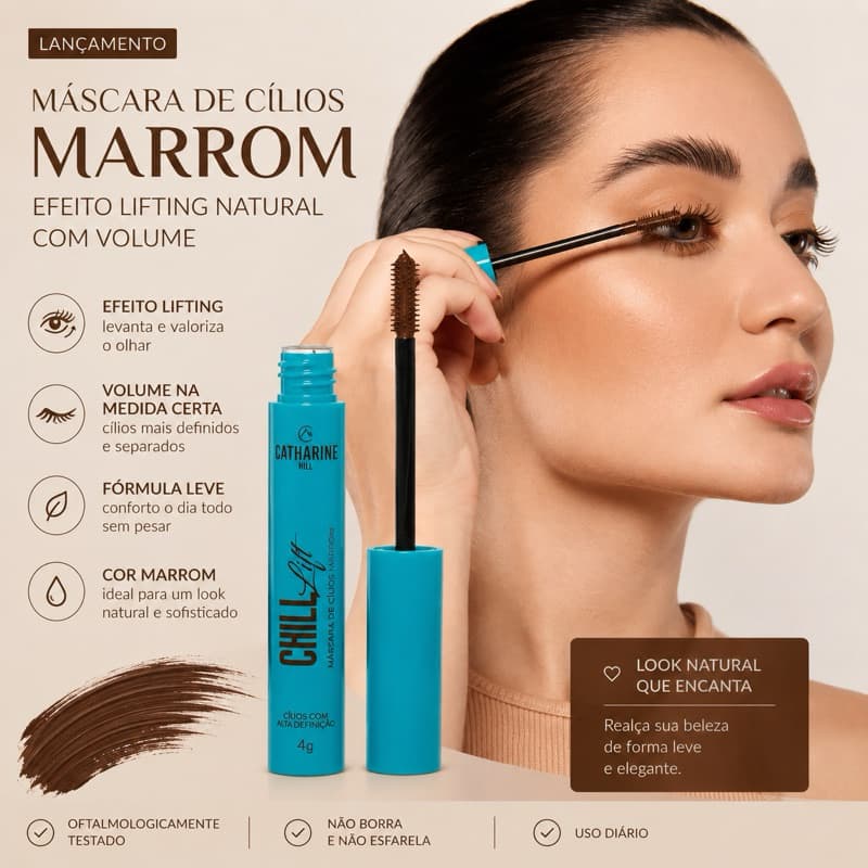 Catharine Hill Máscara de Cílios CHILL Lift Marrom 4g Pincel Silicone Alongamento Volume D-Panthenol