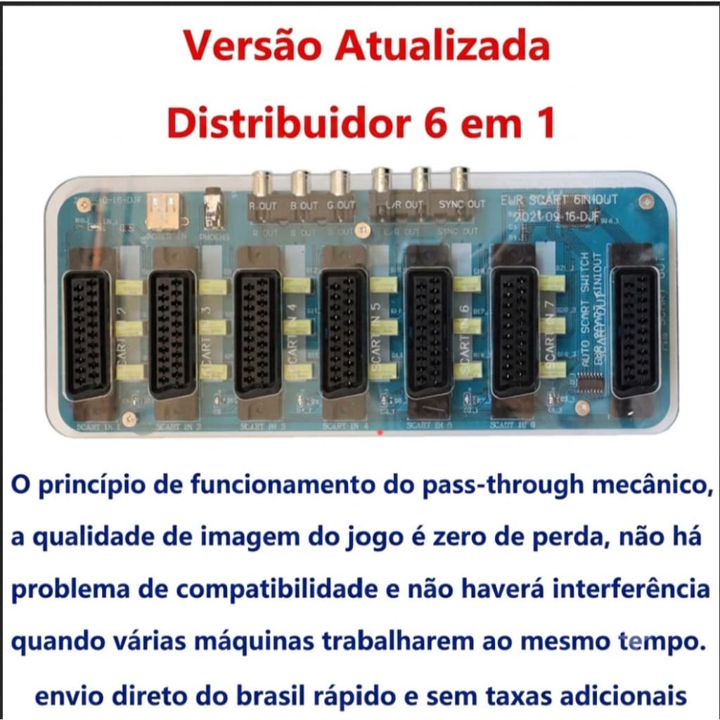 Switch SCART Automático 6 em 1 Saída Distribuidor RGBS Áudio 3.5mm para Consoles Retrô MD PS2 SNES