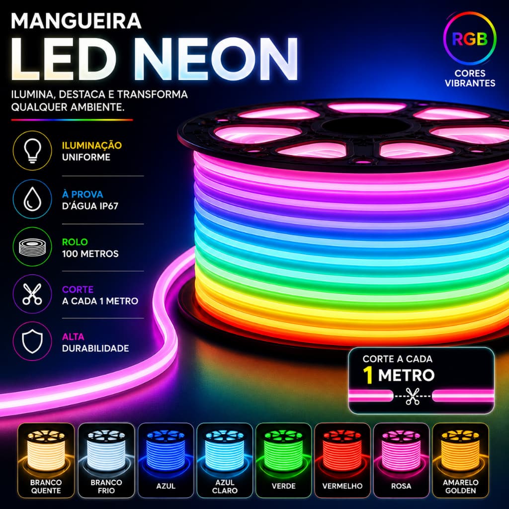 Mangueira Led Neon Flexível 220v IP67 8X16mm Rolo com 100m