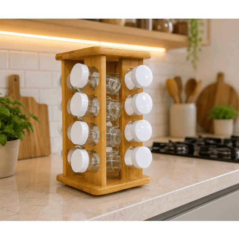 Porta Temperos Giratório Bambu 16 Potes de Vidro Organizador Cozinha
