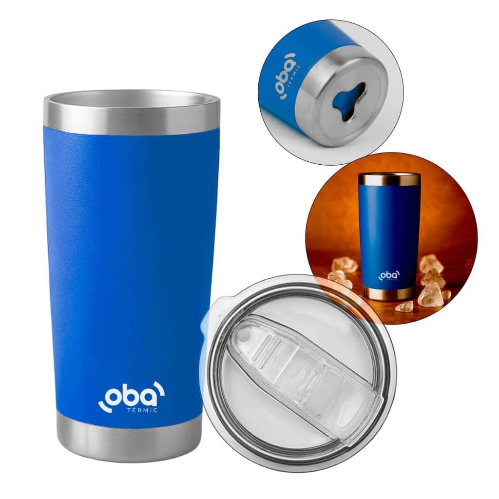 Oba Térmic Copo Térmico com Tampa Acrílica e Abridor 591ml Brasil Azul Cerveja Café Gelado ou Quente