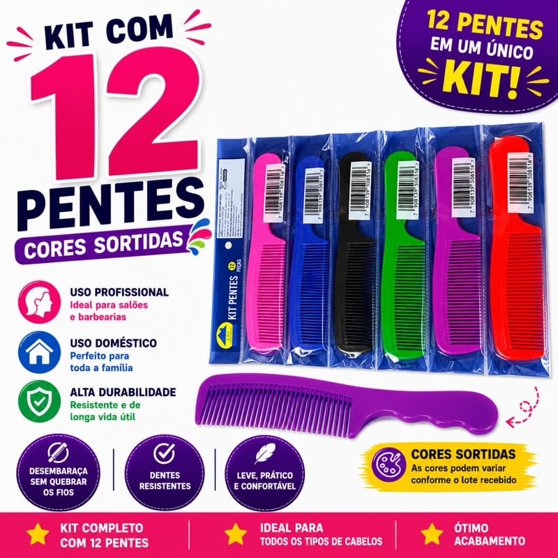 Kit 12 Pentes Coloridos Cabelo Profissional Desembaraçar Corte Salão 21cm