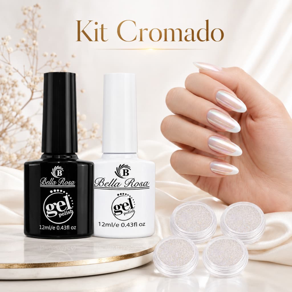 Kit Esmalte + Pó Sereia Esmaltação Asa de Borboleta Cromado p/ Unha Gel