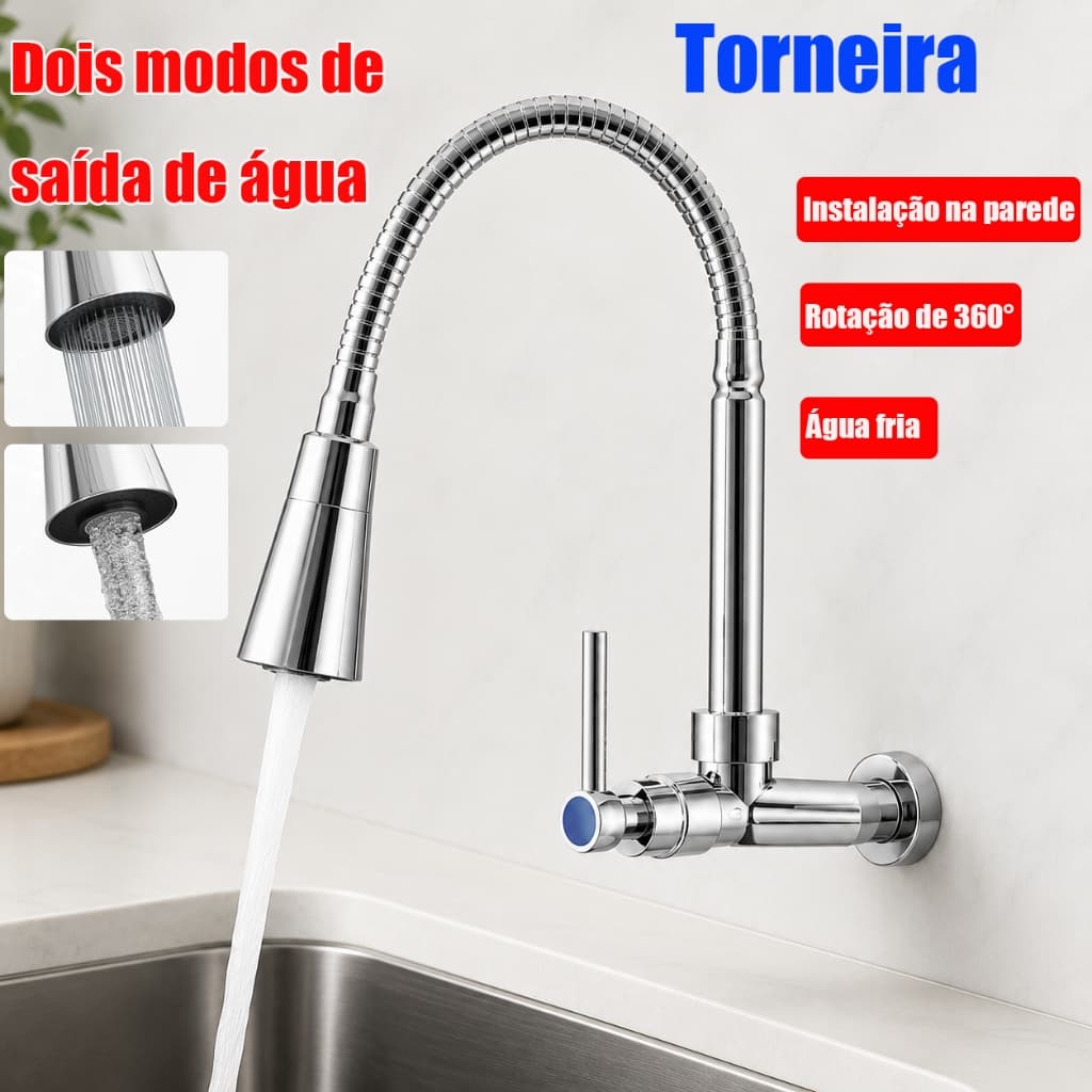 Torneira De Cozinha Parede Inox Prata Premium Com Bico Flexível 360°