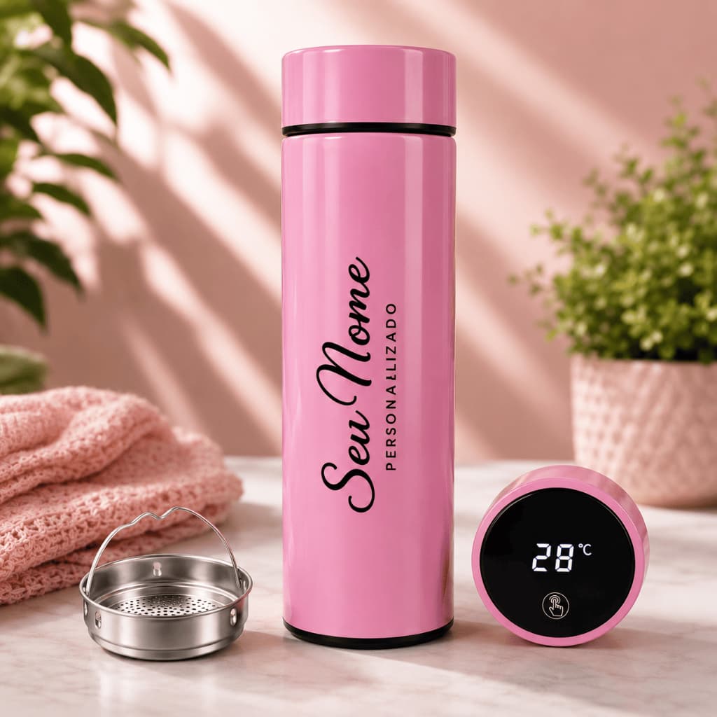 Garrafa Térmica Inox 500ml com Termômetro LED Touch Inteligente Infusor Rosa