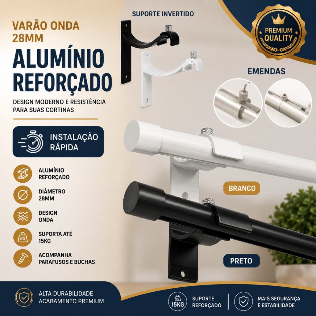 KIT Varão Wave Deslizantes 28mm Alumínio Grosso Reforçado Para Cortina Com Suporte Todas as Medidas Pronto para Instalar