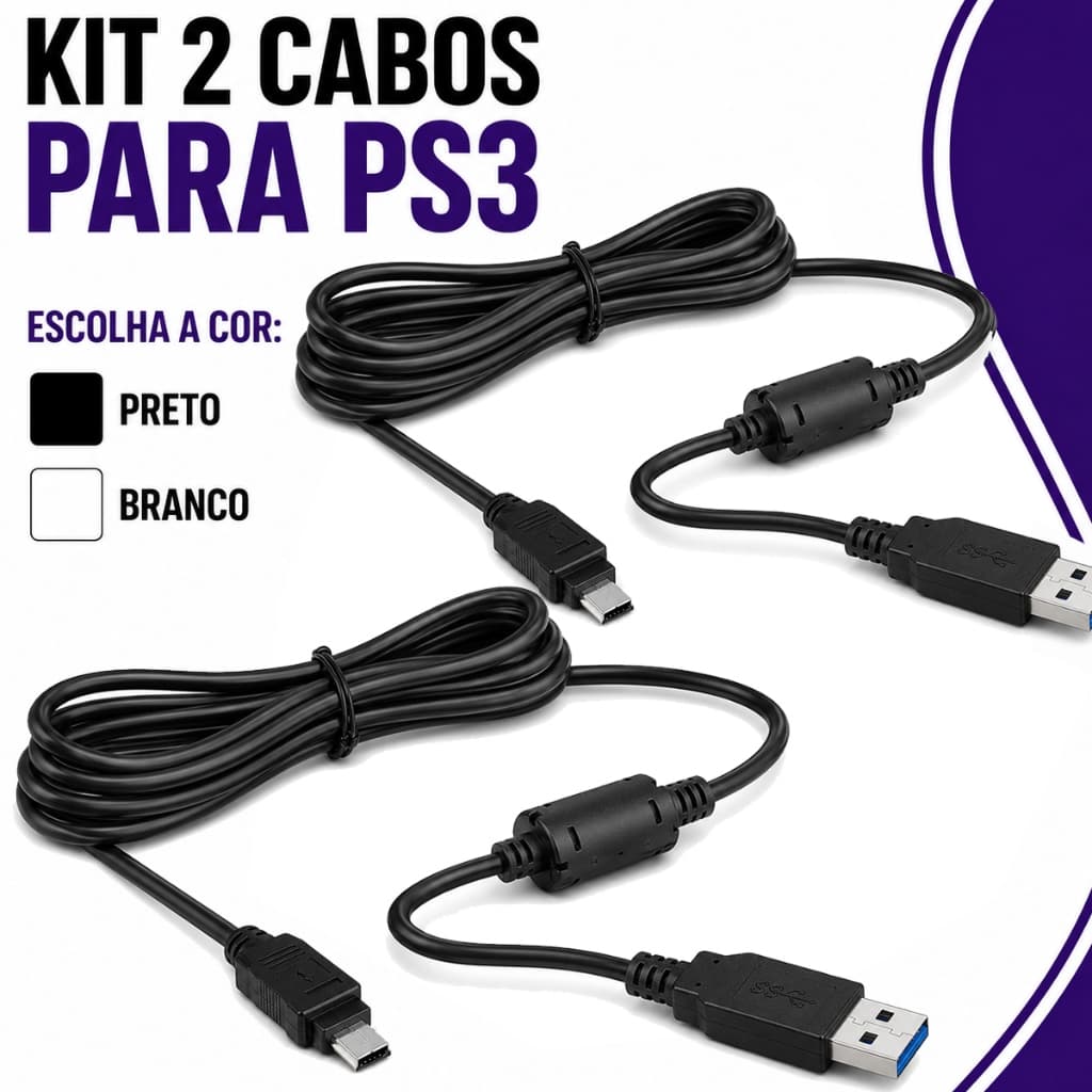 KIT 2 Cabo Usb V3 Carregador Controle Ps3 Com Filtro - 1.50 Metros