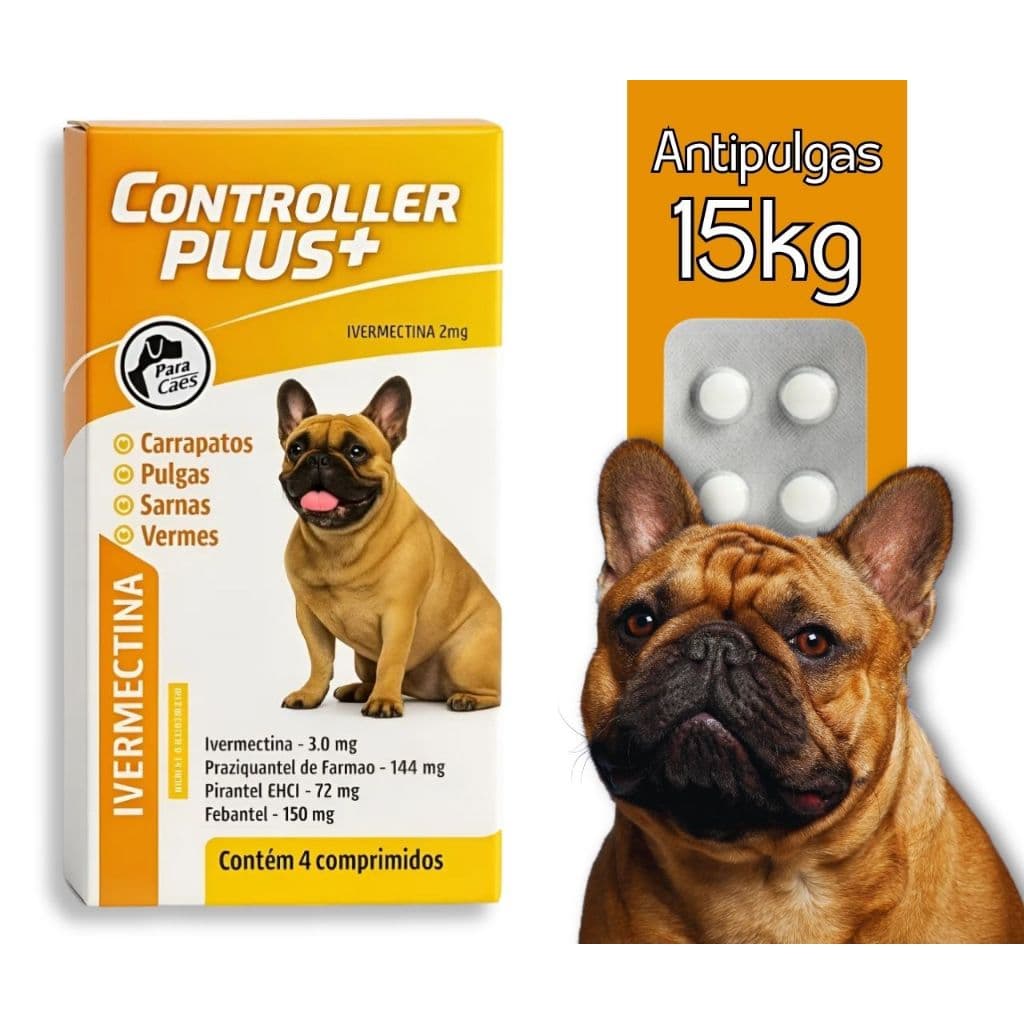 Controller Plus Cães 15kg - Remédio Antipulgas, Carrapatos, Sarnas e Vermes - Palatável