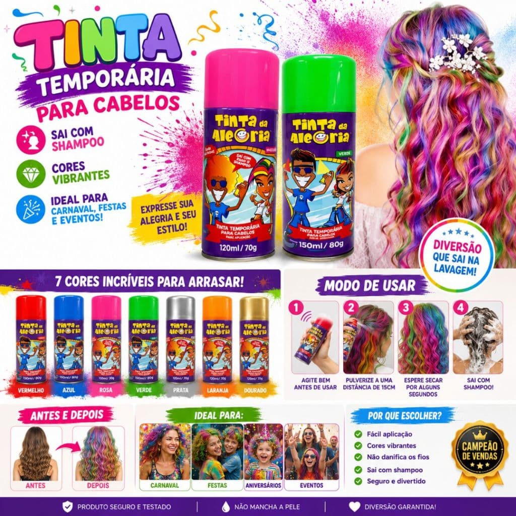 Tinta Temporária Colorida Spray Para Cabelo Carnaval Cabelo Maluco Festa Volta as Aulas