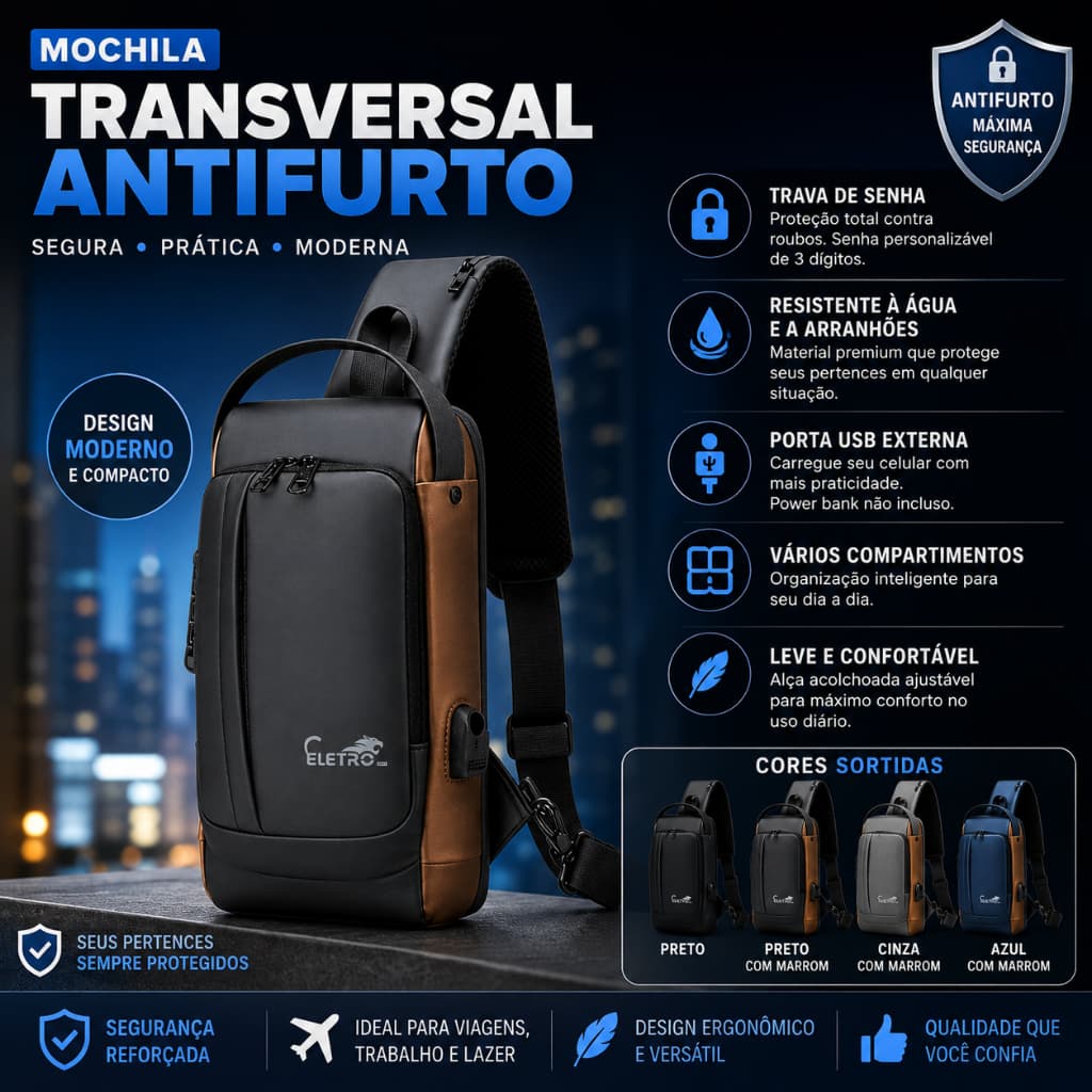 Mochila de Ombro Transversal Portátil Viagens com Trava Antifurto - (Cores Sortidas)