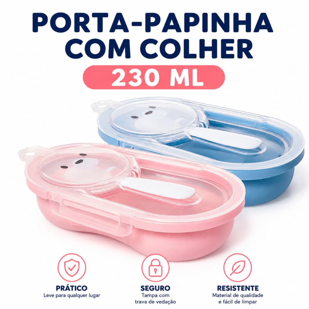 Porta Papinha Bebê 230ml com Colher Pote Infantil Tampa com Vedação para Papinha e Lanche Livre de BPA