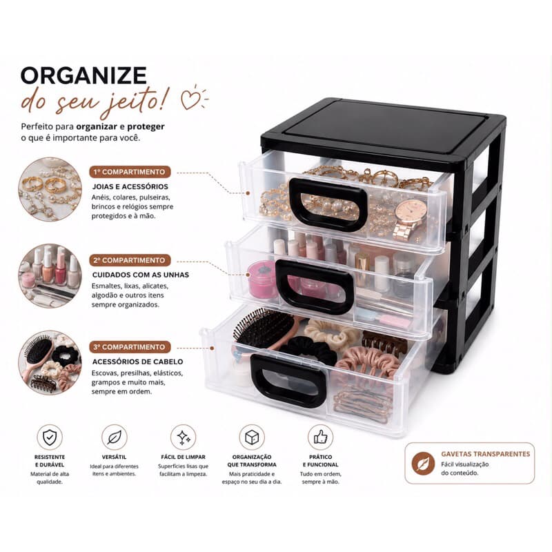 Organizador Multiuso 3 Gavetas Transparente