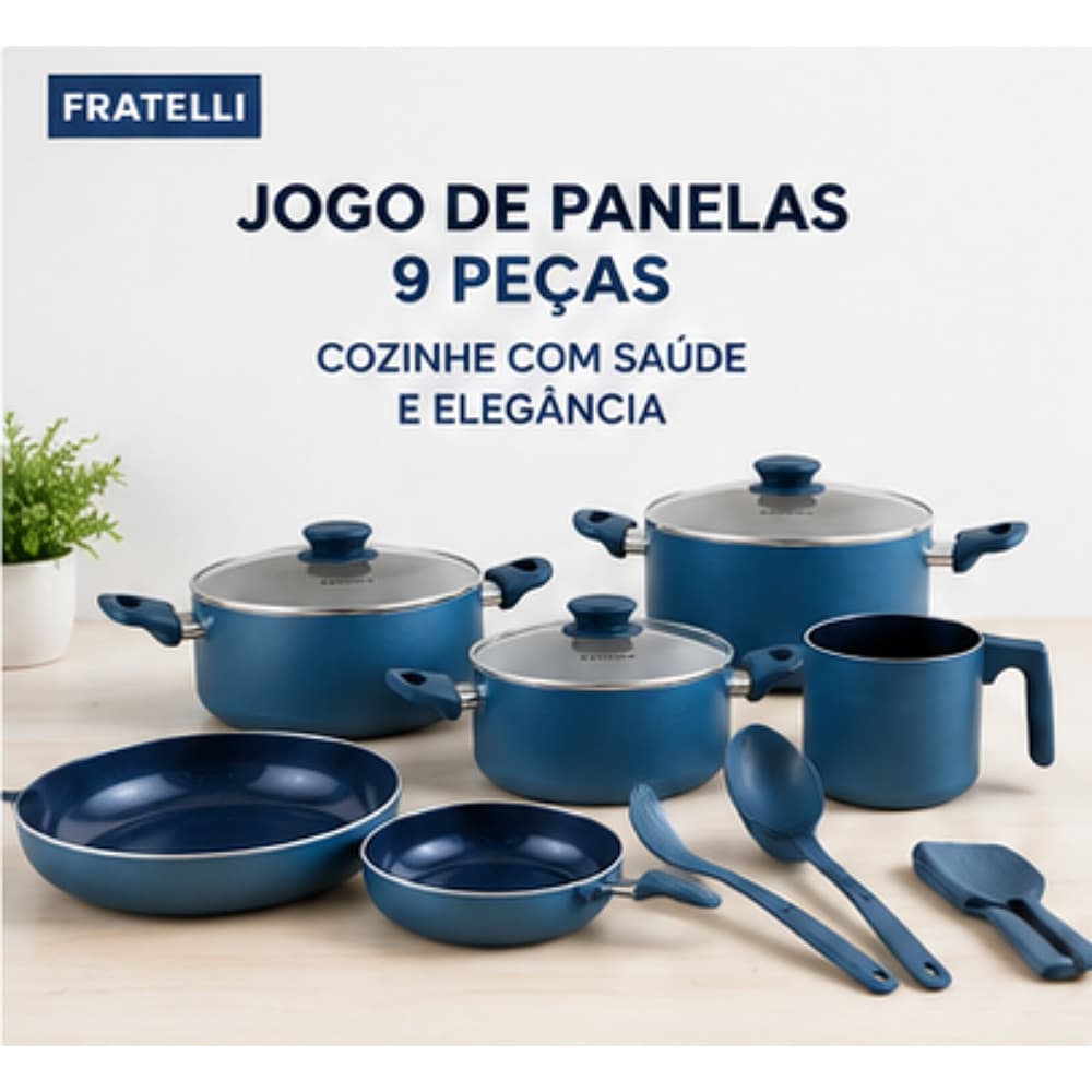 Jogo de Panelas Antiaderente Cerâmico FRATELLI 9 Peças Azul Indução Gás Elétrico com Utensílios