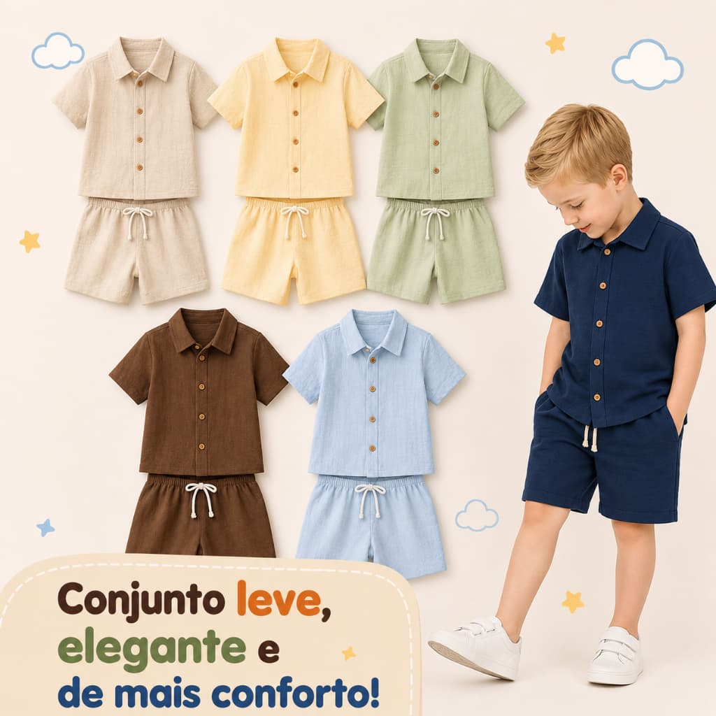 Conjunto Infantil Menino - Camisa de botão e Bermuda Mauricinho crepe - 1, 2 e 4 Anos