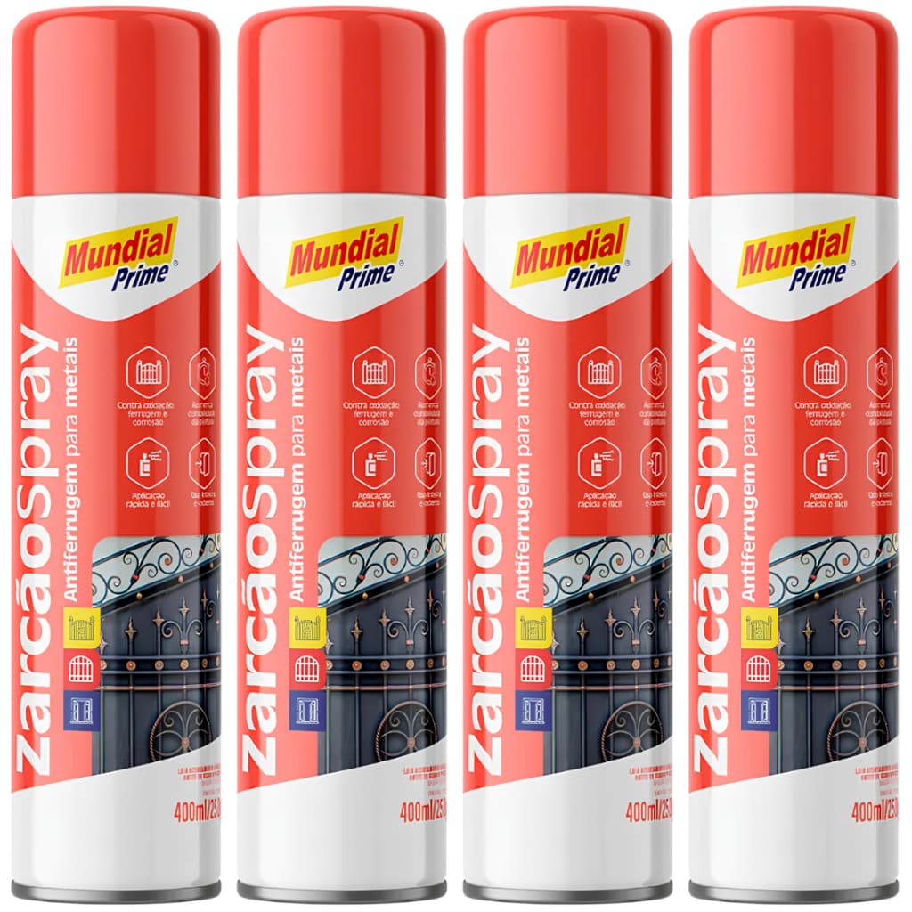 4 Zarcão Spray Antiferrugem Mundial Prime 400ml Portão Grade Laranja