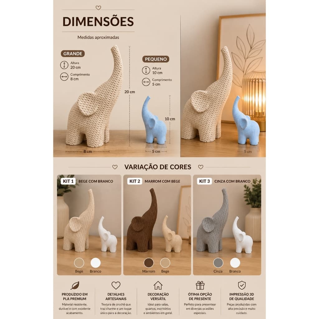 Kit Elefantes Decorativos em Crochê | Esculturas Decorativas- Kit com 2 Peças