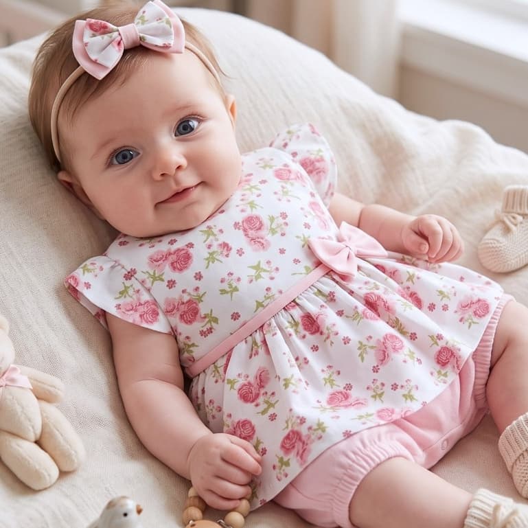 Macacão Bebê Menina Rosa Estampado 100% Algodão Verão Floral com Laço Maternidade Luxo