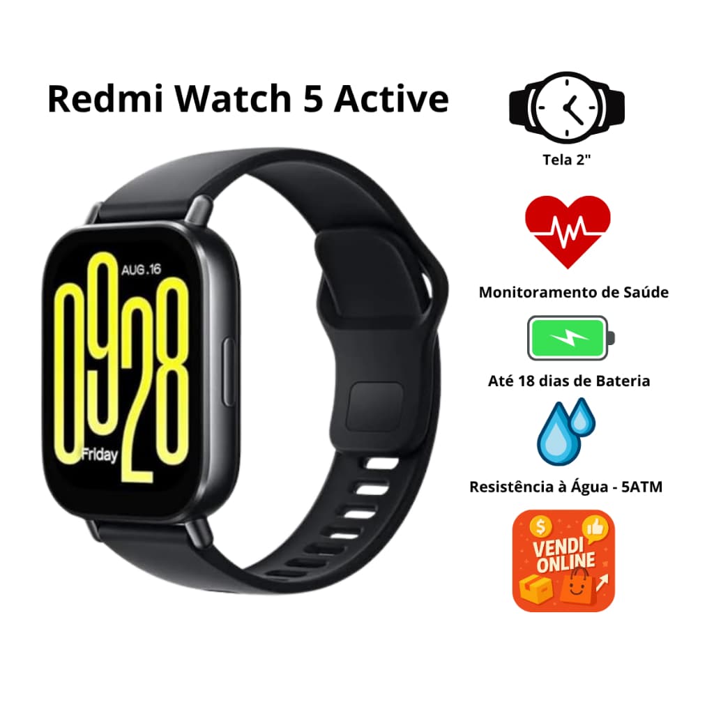 Smartwatch Redmi Watch 5 Active Bluetooth Chamadas Tela 2" 5ATM Alexa 140+ Esportes Até 18 Dias de Bateria