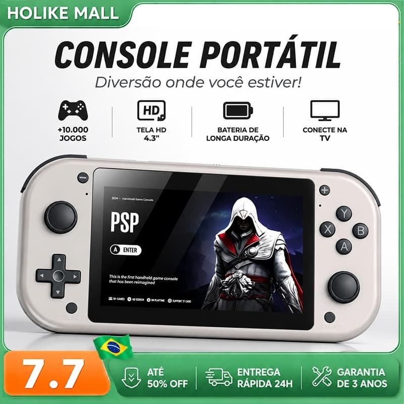 O Console de jogos portátil com tela LCD de 4,3" Quad-core, até 1,2 GHz, 25 emuladores clássicos