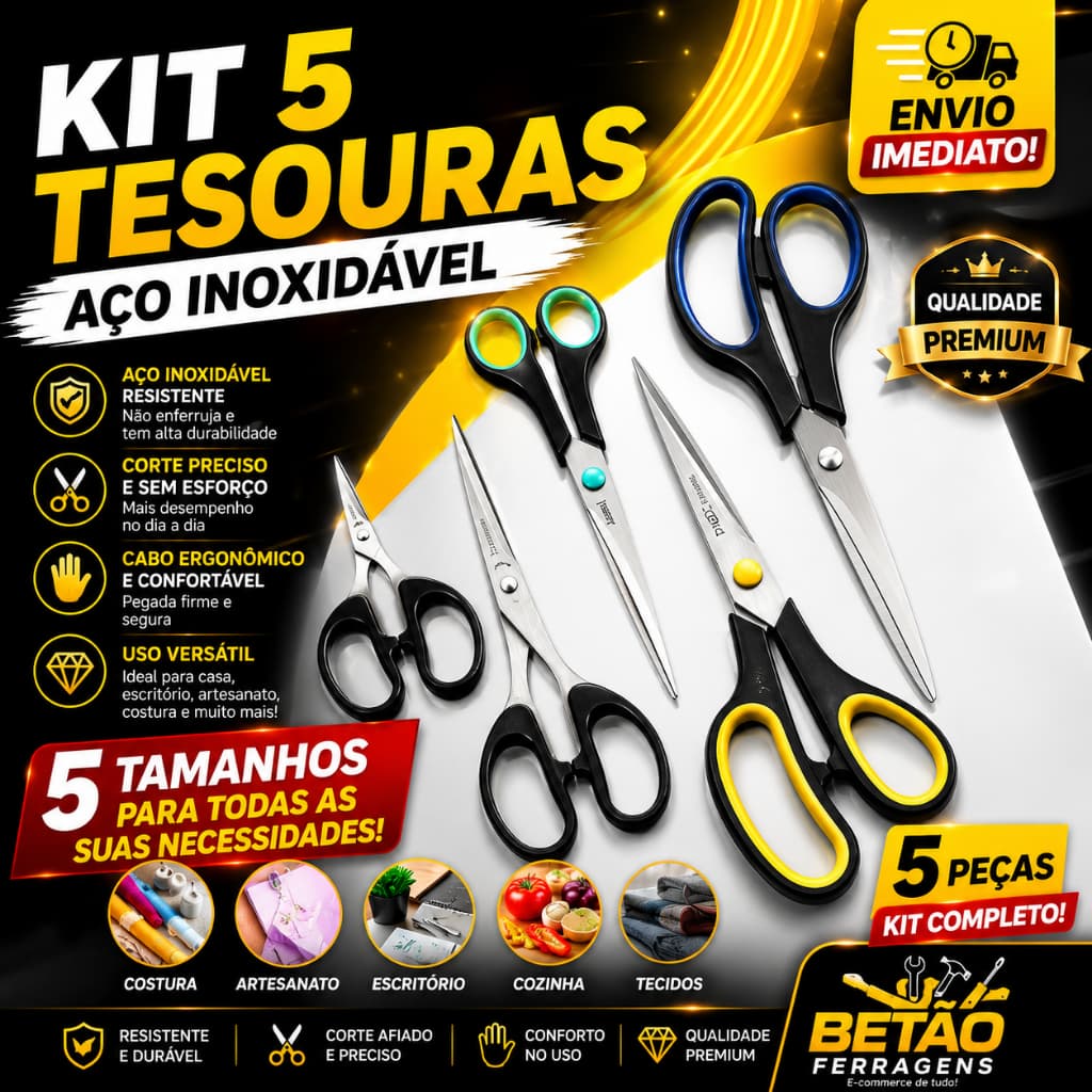 Kit 5/3 Tesouras Premium Aço Inoxidável Envio Rápido